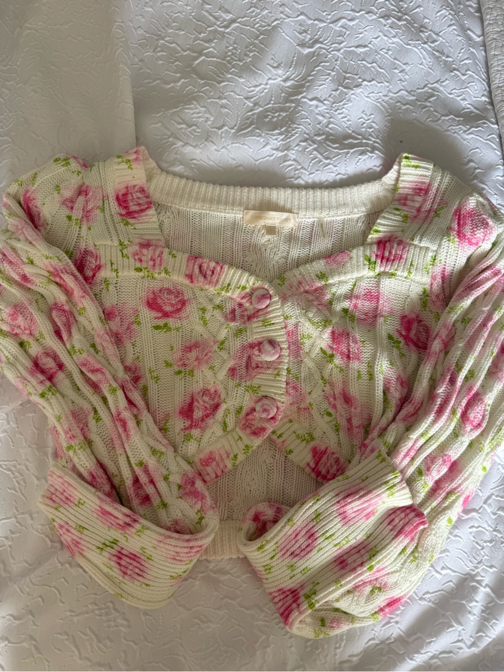 LoveShackFancy Cream Knit Cropped Cardigan with Pink and Green Floral